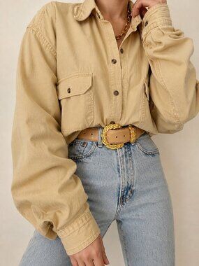 St. John’s Bay Twill Yellow Button Down Shirt Size Large Relaxed Fit (E)